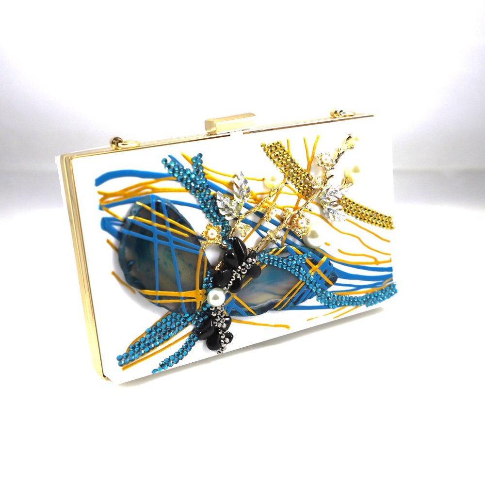 Evening Clutch White - Agate stones, Pearls, Crystals and Rhinestones